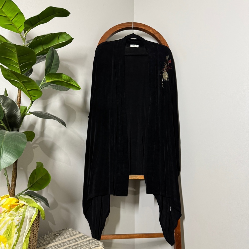Vikki Vi 3X Black Acetate Slinky Knit Open Front Embroidered Cardigan USA Made